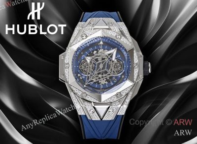 High Quality Replica HUBLOT BIG BANG SANG BLEU II Blue Fluororubber Strap Blue Skeletonized Geometric Face Dial Titanium With Diamond-Set Case Watch 45mm